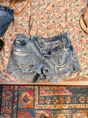 Levi's Light Blue Distressed Button-Fly Denim Shorts
